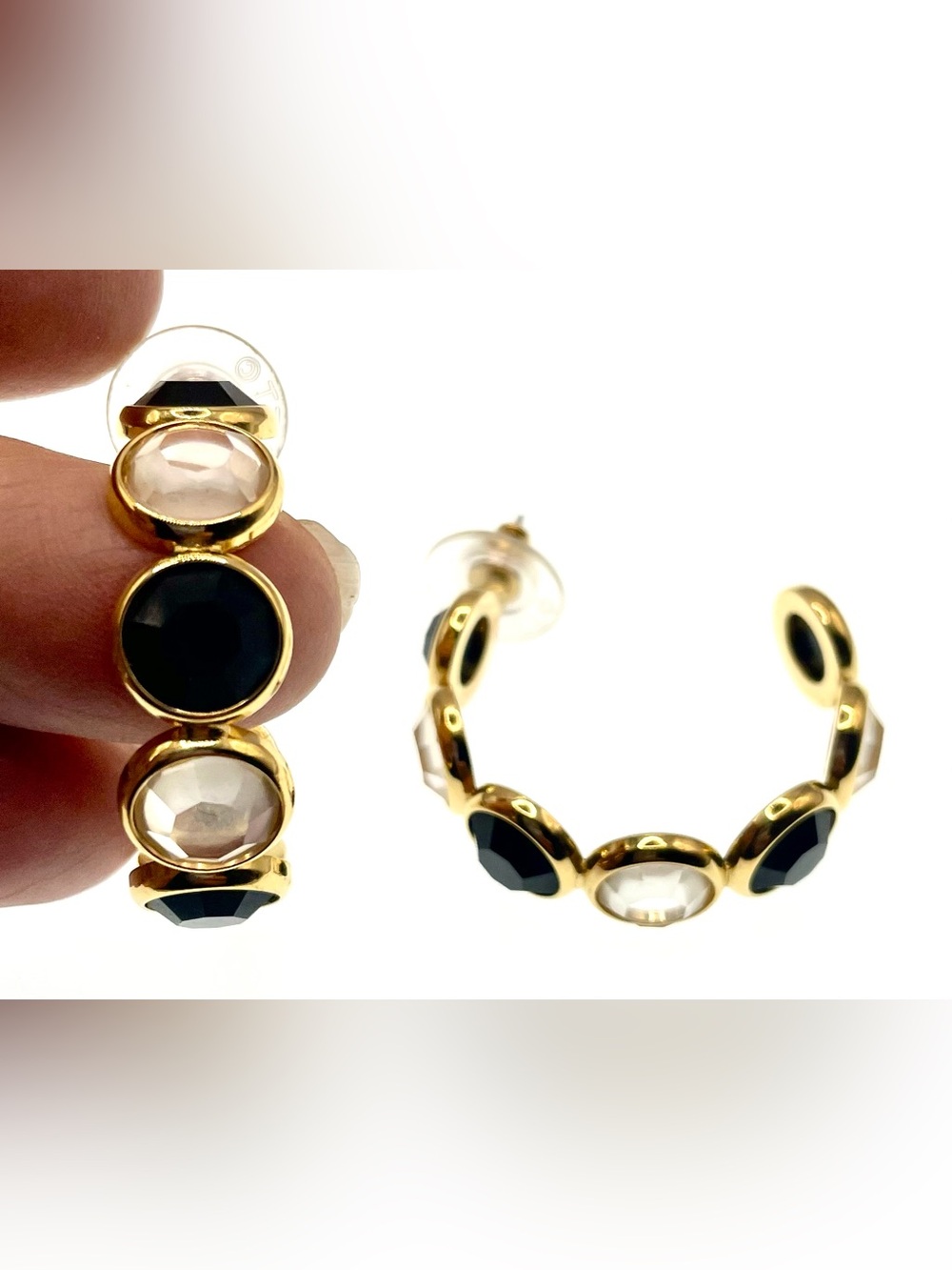 Vintage Monet Black Clear Faceted Crystal Open Hoop Earrings Gold Tone Statement